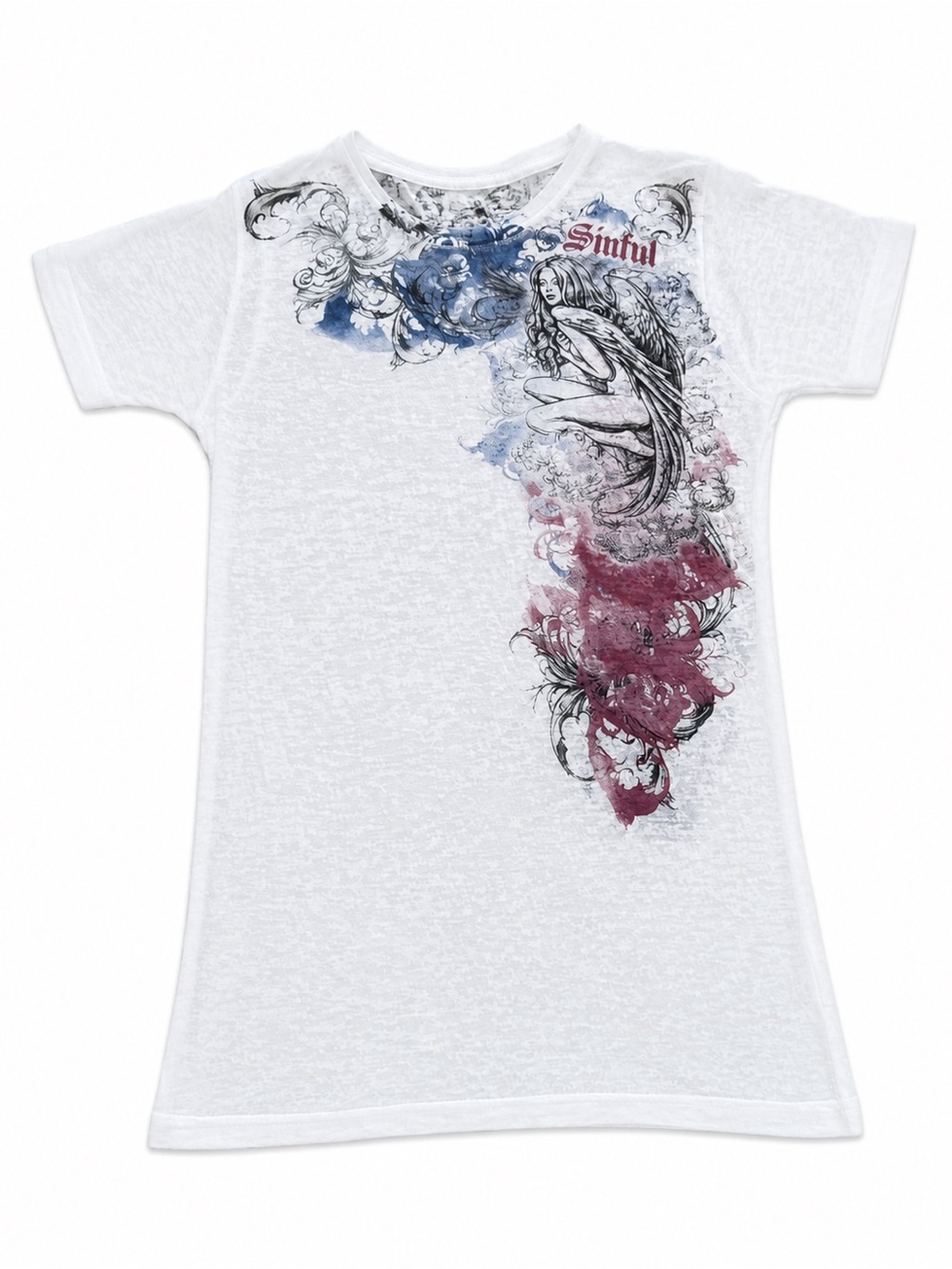 SINFUL ANGEL GRAPHIC BURNOUT TSHIRT WOMENS LARGE WHITE Y2K ED HARDY FAIRY
